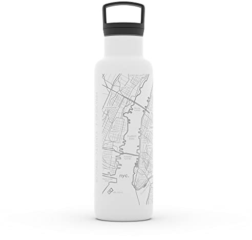 Well Told Gravierte New York City Map Isolierte Wasserflasche, geätzte Edelstahlflasche (600 ml, weiß) Stadtkarte Isolierflasche, benutzerdefinierte isolierte Wasserflasche, Outdoor-Trinkgeschirr
