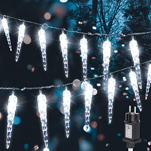 Tubiaz 40LEDs Eiszapfen Lichterkette für innen und außen, Wasserdichte Eiszapfen Lichterketten, IP44, 8 Leuchtmodi, für Patio, Garten, Rasen, Partei, Haus, Feiertagsdekoration, Kaltes Weiß