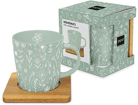 PPD Kaffeetasse Flower Eucalyptus 400ml Untersetzer Blumenmotiv Porzellantasse New Bone China Porzellan Kaffee-Tasse Henkeltasse Teetasse Grün Henkel-Tasse Tee-Tasse Blumenmuster Holzuntersetzer