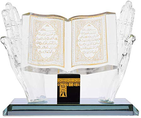 Hapivida Muslimisches Kristall Ornament, Kristallvergoldete Kaaba Hand die Buchmodell Muslimischer Kristall Sammlerfiguren hält Islamische Gebäude Kunsthandwerk Souvenirs Auto Dekor
