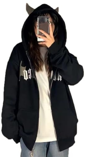 Minetom Damen Pullover Teenager Mädchen Kawaii Hoodie Herbst Halloween Kapuzenpullover Reißverschluss Pulli Sweatshirt Kapuze Y2K Gothic Outerwear Oberteile B Schwarz XL