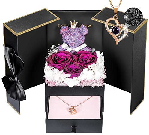 ADDWel Ewige Echte Rose mit Kette ' Dich ich Liebe' 100 Sprachen Gravur, Love Halskette mit Rose Geschenke Box für Freundin, Geschenke für Frauen, Muttertag, Valentinstag, Weihnachtstag