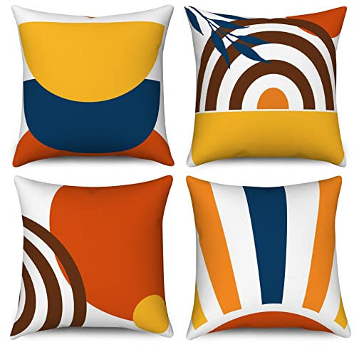 Kissenbezug Boho 50x50 4er Set, Hnmdmyi Mid Century Abstraktes Blatt Regenbogen Dekorative Kissenbezüge Gebranntes Orange Modern Geometrisch Minimalistisch Leinen Kissenhülle für Sofa Couch Home Decor