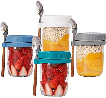 maxant Overnight Oats Jars with Lids and Spoon, 4Pcs Reusable Airtight Mason Oatmeal Cup Container, Wide Mouth Breakfast Pots, Glass Yogurt Pots for Salads Cereal Milk Fruit Vegetable (350ml)