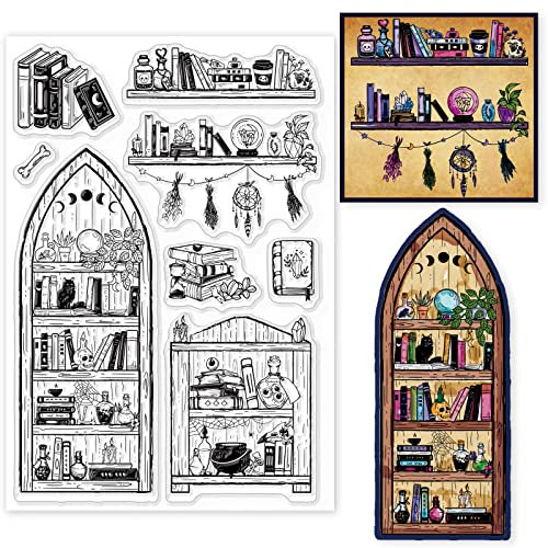 GLOBLELAND Hexerei Bücher Transparente Silikonstempel Bücherregal Klare Stamps Literarisches Silikonstempel Für Kartengestaltung DIY Prägung Journaling