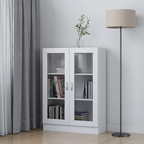 Homvdxl Floor Display Cabinet, 3-Tier Tall Bookshelf with Glass Doors 3 Cube Shelves, Bookcase Sideboard Cabinet for Bedroom, Living Room, Kitchen, Home Office (White)