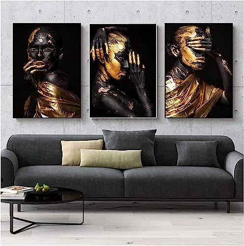 MHLCMG Femme Africaine en Or Noir Affiche Moderne Toile Tableau Art Peintures Decoration Murale pour Salon Chambre Tableau Decoration, sans Cadre (3X50X70CM,4)