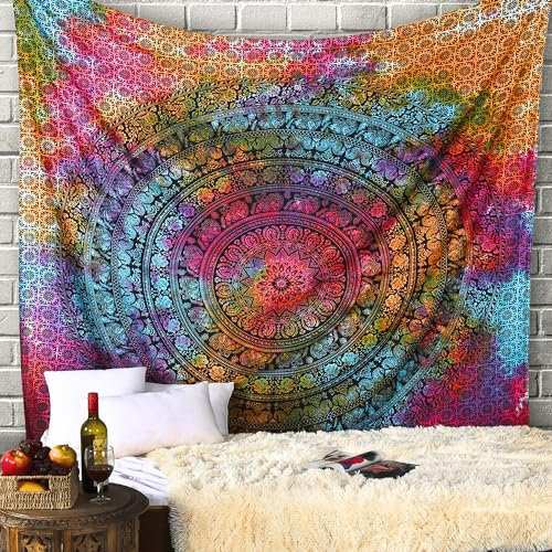 RAJRANG Indischer Mandala-Tie-Dye-Wandteppich, Hippie-Elefant, Wandbehang, Bohemian-Stil, komplizierter, mehrfarbiger kleiner Wandteppich – 76 x 102 cm