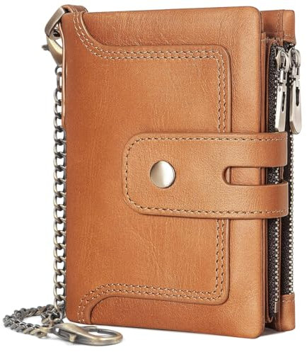 REETEE Portefeuille Homme en Cuir Véritable Blocage RFID Petit Porte Feuille Homme avec Chaîne, Bifold Porte Monnaie Homme 15 Porte Carte Crédit et 2 Poche Zippée, avec Boîte Cadeau (A-Brun)