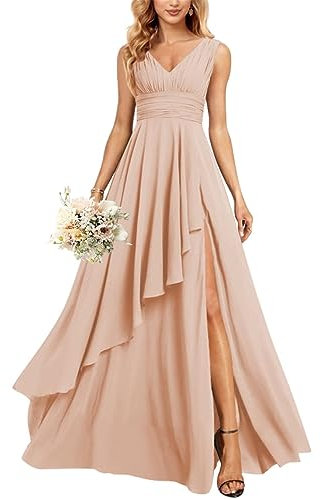 KURFACE Abito da sposa con scollo a V lungo scollo a V abiti da damigella d'onore in chiffon per le donne con tasche, Rosa pesca., 58 Più