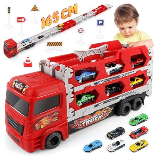 Aoskie Transporter Truck Cars Jouets pour garçons de 3, 4, 5, 6 Ans, Camion de Course Pliable Double Couche avec 6 Voitures à Tirer en Alliage, Cadeau Tendance pour Les Enfants Amateurs de Voitures