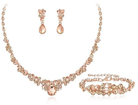EVER FAITH Hochzeit Kristall-Schmuck-Sets für Glamour Teardrop Strass Halskette Dangle Ohrringe Armband-Sets für Damen Champagner Roségold-Ton