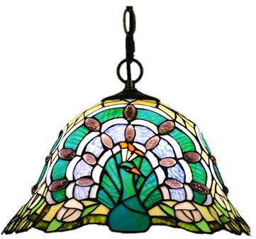 Retro Tiffany-Stil Loft Pendellampe mit 12 Zoll Buntglasschirm, Küche Pfau Pendelleuchte, Vintage Deckenleuchte Hängelampe höhenverstellbar E27 Hängeleuchte für Schlafzimmer Cafe Bar Wohnzimmer