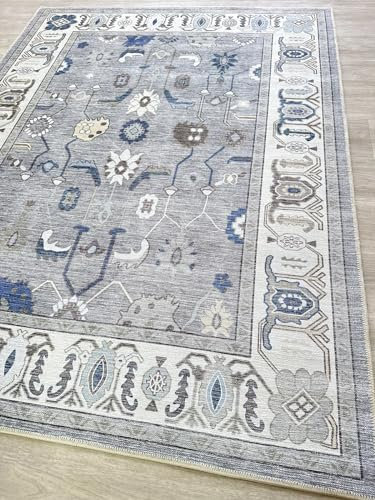 Fame Living Verblasster Oushak-Teppich, türkischer Vintage-Stil, Blumenmuster, pastell, groß, übergroße Fläche, für Wohnzimmer, Esszimmer, Schlafzimmer, Küche, Bad, Kinderzimmer(854 GryGry, 60x91 cm)