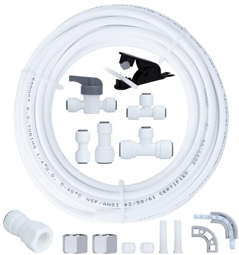 Kit de instalación de conexión de línea de agua para refrigerador y máquina de hielo para sistemas de ósmosis inversa RO y filtros de agua, tubo de 25 pies de 1/4 pulgadas con accesorios rápidos
