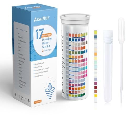 AssuTest 17 in 1 Drinking Water Test Kit - Comprehensive 16 in 1 Water Testing Kits for Drinking Water, PH Test Strips, Lead, Iron and Hardness - 125 Strips for Home Tap and Well Water