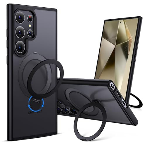 Aunote Hülle für Samsung Galaxy S24 Ultra mit Ring Stand, 360°drehbarer magnetischer unsichtbarer Ring Stand Handyhülle für Samsung S24 Ultra 2024, Handy Case Militärschutz stoßfester Schutz - Schwarz