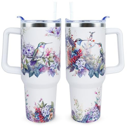 Xchearser Süßer Kolibri-Becher mit Griff und Strohhalm, Edelstahl-Isolierbecher mit Deckel und Strohhalm, Reisebecher, Wasserflasche, Geschenke für Damen und Herren, 1,2 l