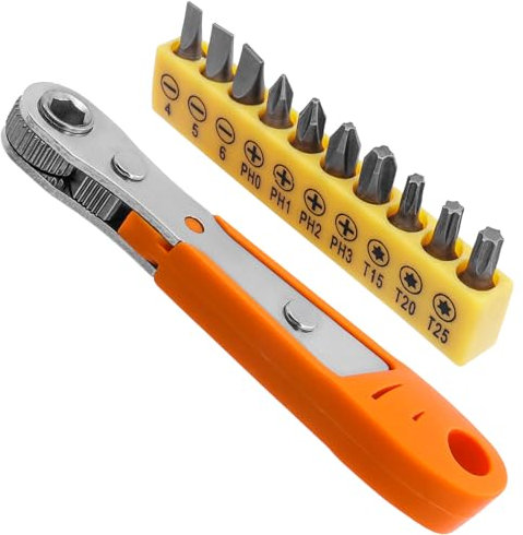 Treki Right Angle Screwdriver Set, Low Profile Screwdriver Mini Rachet Offset Screwdriver 90 Degree Ratcheting Screwdriver with 10pcs 1/4 Hex Drill Bits (Flatted & Phillips & Torx) for Tight Space