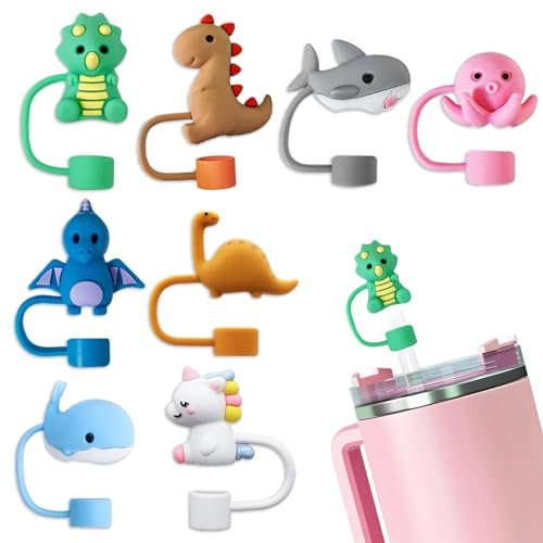 8 Pack Animal Straw Cover Cap for Stanley Cup 30&40 Oz Tumbler, Silicone Straw Topper Protector Lid in Various Shapes, Reusable Cute Dinosaurs Covers for 0.4 Inch/10 mm Straws