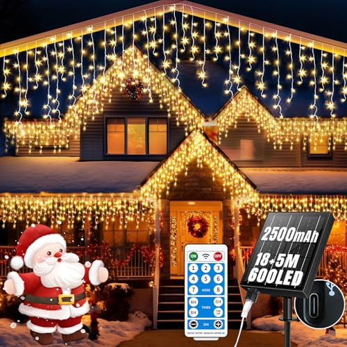 RJEDL 2500mAh Solar Eisregen Lichterkette Außen, 18+5M 600LED Wasserdicht LED Eisregen Lichterkette, Mit 8 Modi & Timer und Speicher Weihnachtsbeleuchtung Außen für Balkon Fenster Haus Geländer