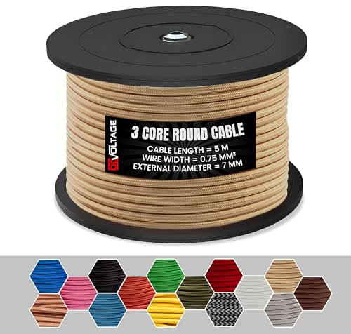 DC VOLTAGE 5m Light Gold Vintage 3 Core Round Cable Fabric Cloth Covered Electrical Wire, 16.4ft 3 Conductors 18 Gauge Textile Electric Cable Wire Coated in Colored Vintage for Lighting DIY Project