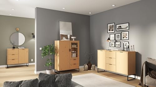 Inter Link - Kommode - Buffet - Vitrine - Wohnwand - Sideboard - Kiefer Massivholz - 2 Türen - 2 Schubladen - Oak Colori - VIVO 2T 2S