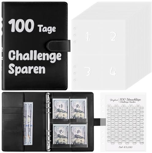 SKYDUE 100 Envelope Saving Challenge Deutsch, Sparbuch Für Geld Mit Cash Umschläge, Geld Sparen Challenge Mit Doppelseitigen Laminierten Tracker, 100 Tage Sparbuch Deutsch(Schwarz)