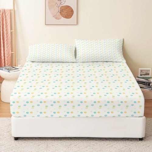 TACOKI 3D Punkte Spannbettlaken 140x200cm, Bunte Punkte Weiches Mikrofaser Bettlaken für Kinder, Bettlaken Spannbetttuch 140x200 bis 30 cm Matratzenhöhe mit 2 kissenbezüge c2083
