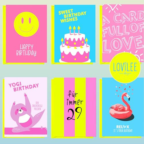 LOViLEE 10x Neon Geburtstagskarten Set mit Umschlag & Stickern, Glückwunschkarten Geburtstag, Happy Birthday Karte - Postkarten - Geburtstagskarte Frau, Geburtstagskarte Mann, Geburtstagskart Kinder