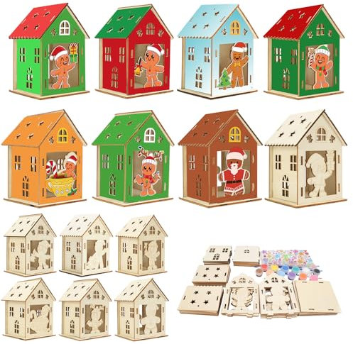 WEDNOK 14 Sets Lebkuchenhaus Bastelset Kinder Lebkuchenmann Holz Bausatz 3D Weihnachten Kreativsets Holzbausatz Basteln DIY Holzbastelset zum Bemalen für Jungen Mädchen Weihnachten