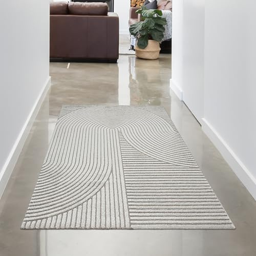CARPETIA Moderner 3D-Teppich Linien- und Bogenmuster Grau 80x150 cm | Pflegeleicht, strapazierfähig, hautsympathisch und schadstofffrei, OEKO-TEX geprüft, für Fußbodenheizung & Wohnräume