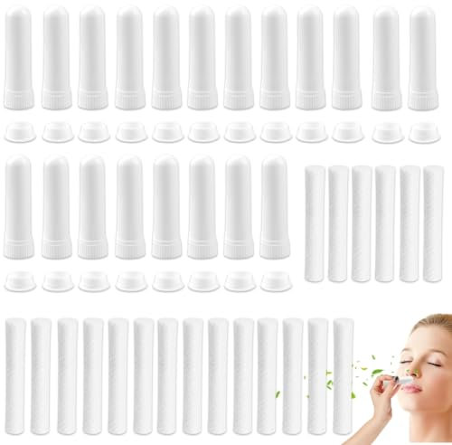 HSKRKOW 20 Stück Wick Inhalierstift Mit 20 Tampons, Riechstifte Für Ätherische Öle, Naseninhalator Stift Riechstäbchen Mit Docht Nachfüllbarer Inhalator Stick (Weiß,B)