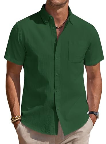 J.VER Men's Short Sleeve Linen Shirts Shrink Free Button Down Regular Fit Solid Shirt Casual Lightweight Summer Beach Holiday Shirts Tops with Pocket Dark Green XL
