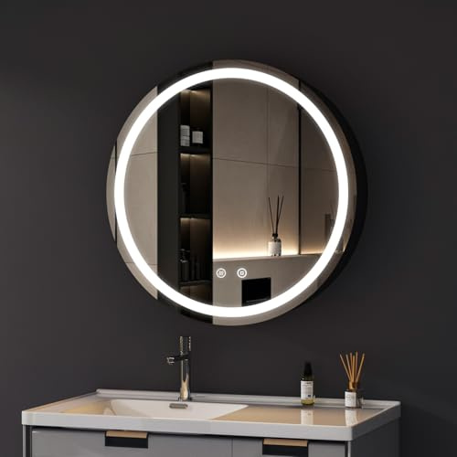 Spiegelschrank Bad mit Beleuchtung 80 cm LED Rund Badezimmerschrank | Schwarz Metall Badspiegelschrank, Runder Badezimmer Medizinschrank, Spiegel Cabinet mit 3-Farben Dimmbar, Touch, Beschlagfrei