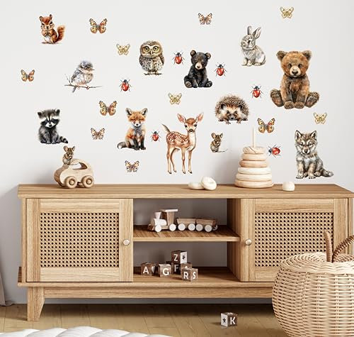 wolga-kreativ Wandtattoo für das Kinderzimmer, Wandsticker selbstklebend – 25 Waldtiere Sticker für das abenteuerliche Deko Kinderzimmer