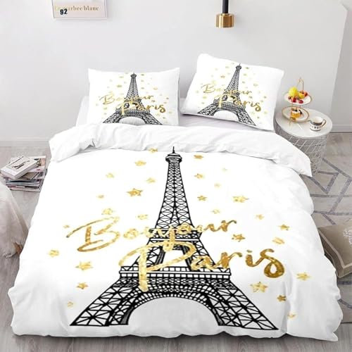Qiwagu Bettwäsche 135x200 Paris Frankreich, Bettwäsche-Sets Eiffelturm aus Weiche Atmungsaktiv Microfaser, Bügelfrei Wendebettwäsche Bettbezug 135 x 200 und 1 Kissenbezug 80x80 cm, Z02