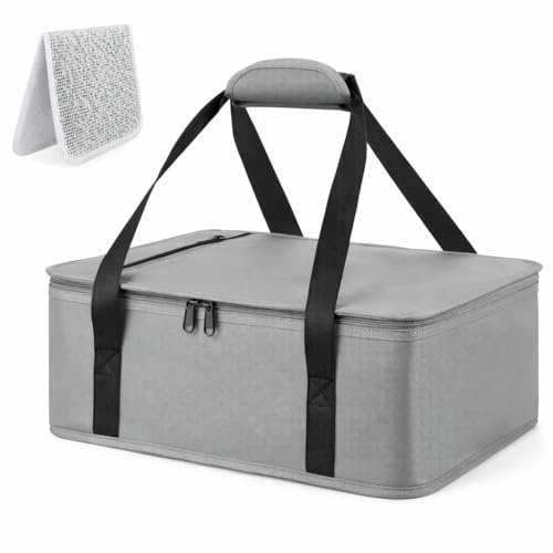 quiheat Insulated Reusable Casserole Carrier Bag | Fits 9×13 & 11×15 Baking Pans, Hot or Cold Food, Portable Thermal Food Carrier, Travel Picnic Cake Transport Lunch Bag, Grey