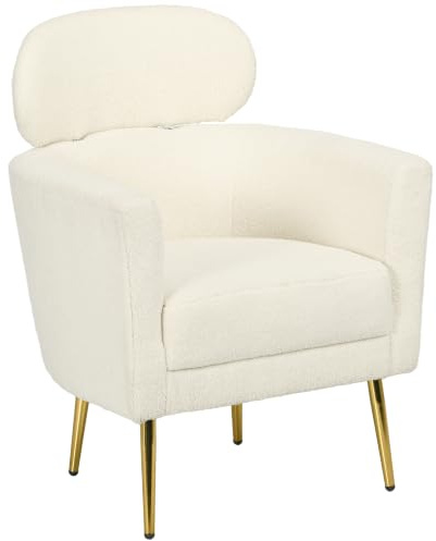 HOMCOM Fauteuil Salon avec appuie-tête Amovible Fauteuil Crapaud Crème | Style Moderne, Tissu en Peluche Teddy, Pieds en Métal Doré, pour Salon, Chambre à Coucher, Salle d'Étude