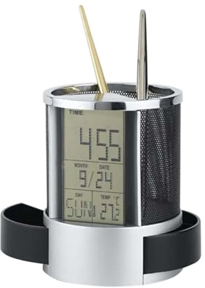 Mikikit Multifunktionaler Stiftehalter aus Metall mit Elektronischer Uhr Kalender Temperaturanzeige und Schublade Organizer für Büro und Schreibtisch