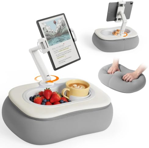 SAIJI Supporto per cuscino per tablet da letto regolabile per iPad con ciotola per snack di qualità alimentare, accessorio per bambini da 4,7 a 15,6 pollici, smartphone, tablet, grigio