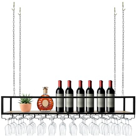 Weinregal Deckenregal, 100/110/120Cm HäNgendes Weinglasregal, HäNgendes Weinregal Mit Glashalter Und Regal, Verstellbarer Industrieller HäNgender Weinflaschenhalter FüR Bar Restaurant Cafe (120CM)