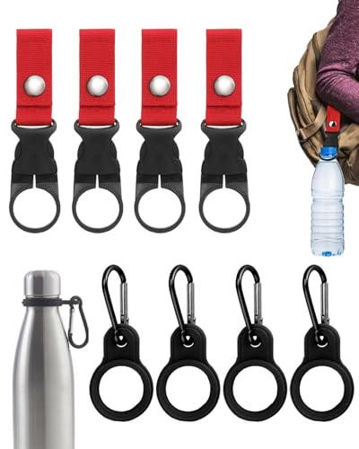 YAPKOLV 8er Set Flaschenhalter und Schlüsselclip – 4 taktische Nylon-Karabiner Rot/Schwarz, 4 Silikon-Clips – Für Rucksack, Gürtel, Wandern, Camping und Festivals