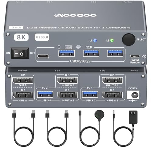 Displayport KVM Switch 2 Computers 2 Monitore, 8K@60Hz/4K@240Hz Dual Monitore KVM Switch with 4 USB3.0 Ports, USB Kabeln und Netzteil, ideal für Homeoffice und Gaming