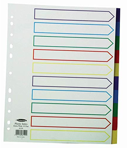 Concord Punched Pocket Dividers Plastic Multicolour-tabbed 10-Part Extra Wide A4 White Ref 66199