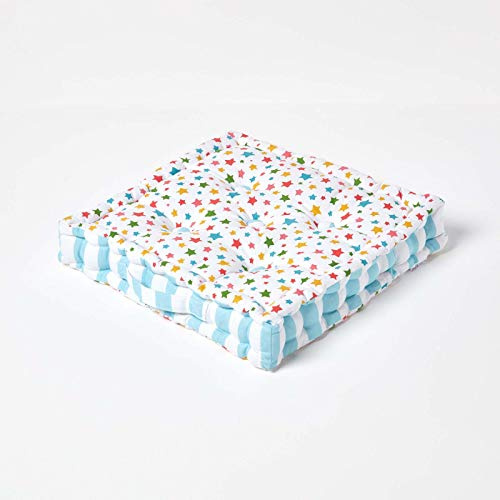 HOMESCAPES - Star Multi - 100% Cotton - Floor Cushion - Blue Orange White - 40 x 40 x 8 cm Square - Indoor - Garden - Dining Chair Booster - Seat Pad Cushion