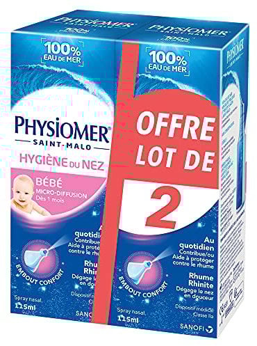Physiomer Bébé Micro-diffusion - Hygiène du nez -Dispositif médical- Spray nasal 100% eau de mer à partir de 1 mois - 115 mL lot de 2