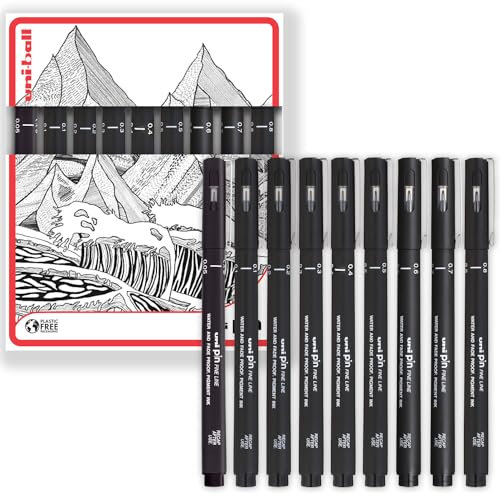 Fineliner Zeichenstifte von Uni Pin, komplettes Set mit 9 Härtegraden, schwarze Tinte