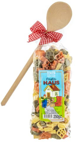 Bull & Bear bunte Haus Nudeln, 250g, Motivnudeln aus Hartweizengrieß, handgefertigt in deutscher Manufaktur, Pasta Geschenk, inkl. Holzlöffel
