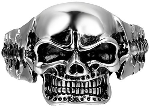 Cupimatch Herren Retro Breites Edelstahl Schädel Armband, Gotik Biker Charm Große Totenkopf Fahrradkette Motorradkette Hochglanz Poliert Punk Rock Armreif, silber